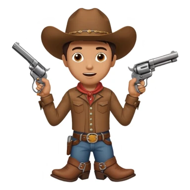 A young cowboy with oversized boots, excited expression, and a tiny toy revolver.
 sticker