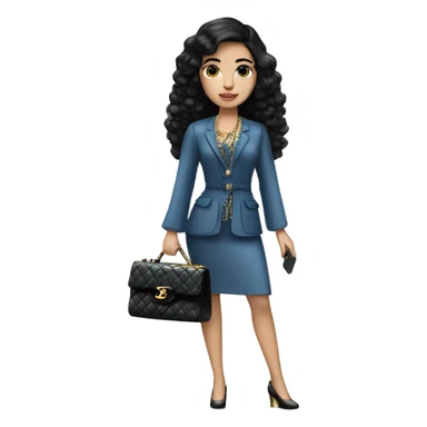 Spanish girl,black hair,blue eyes,standing,fashionably dressed,carrying a chanel bag sticker