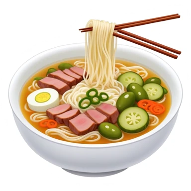 Guilin rice noodles with pickles and meat in soup, simplified emoji style with bold outlines and bright colors, cartoon style Guangxi specialty Mi Fen sticker