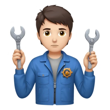 Calm and independent male technician, fair skin, short tousled dark brown hair, cool gray eyes, serious but composed expression, wearing a blue work jacket over a grey t-shirt, holding a wrench in one hand and a mechanical gear in the other, waist-up, front-facing sticker