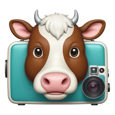 Emoji-style icon of a cow and buffalo with a camera or scan frame, representing image upload for breed detection. Simple, friendly, rounded design, clear at small sizes, teal and white accents, no text, transparent background. sticker