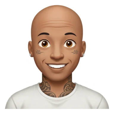 bald black man with intricate face tattoos, cheerful expression, wearing a t-shirt sticker