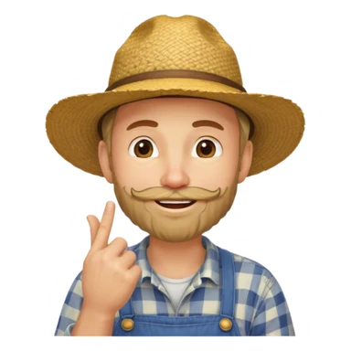 “A single emoji-style character combining 👨‍🌾😄 and 🤔: a smiling farmer man with a straw hat, friendly face, and light beard, holding one hand under his chin in a thinking gesture. His index finger rests under his face, eyes looking slightly upward as if thinking.  sticker