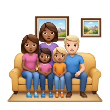 family posing for photo, living room background sticker