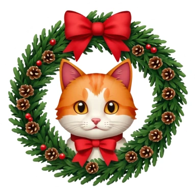 A Christmas wreath made entirely of fir trees, decorated with a red bow at the bottom, pine cones and Christmas tree balls, and a cat poking its face through the hole in the center. sticker
