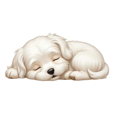 Cinematic Meme-Worthy Chubby Sleeping Wavy-Haired Maltese dog Portrait Emoji, Head resting peacefully with a contented smile, featuring a delightfully chubby build and a luxuriously soft, wavy-haired white coat, eyes shut in a serene nap, Simplified yet hilariously adorable features, highly detailed, glowing with a soft, drowsy light, high shine, relaxed and utterly lovable, stylized with an air of playful laziness, bright and endearing, soft glowing outline, capturing the essence of a comically sleepy companion, so meme-worthy it feels like it could instantly become the next viral sensation of adorable slumber! sticker