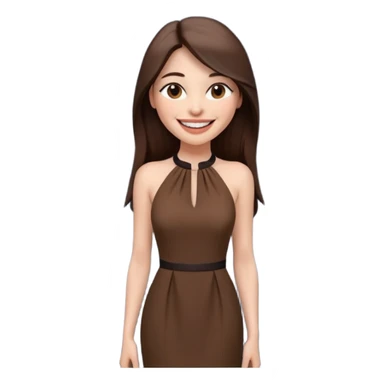 emoji-style illustration of a stylish pretty big smile woman with long straight brown hair, wearing a dark halter neck dress, elegant and minimalistic look, front-facing, soft 3D cartoon rendering, plain background sticker