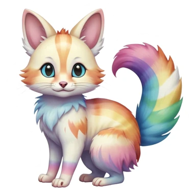  Realistic cute adorable pastel-iridescence-gradients albino fur with random colorful iridescent rainbow markings beautiful elegant pretty precious cute  Fakémon-Pokémon-opossum-feline-serval-caracal-chinchilla-Minccino-hybrid-creature with a big fluffy bushy striped tail (full body) sticker