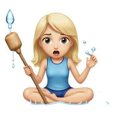 blond woman sitting on her knees with wide eyes, holding a wide skin-colored stick with a D-shaped knob, the stick has skin texture, water squirting from the knob into her mouth, shocked face sticker