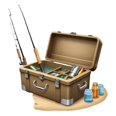Icon for Fishing: a boat on the shore of a peaceful water body with a beautiful natural landscape, a fishing tackle box, a spinning rod. The icon should capture the tranquility and gear of a fishing adventure. Without frame. Transparent background. sticker