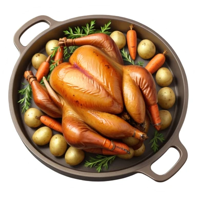 roasted turkey in a baking tray, golden brown crispy skin, whole turkey surrounded by vegetables, oven-baked meal presentation, juicy texture, warm food lighting, 3D cartoon style, mobile game icon style, centered composition, clean background, no text, no watermark
 sticker