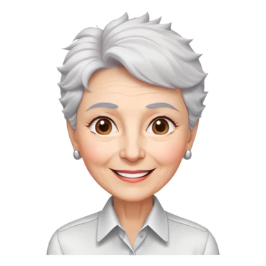 Senior version of Marian Pabón with defined facial structure, light pinkish skin showing age, almond eyes, arched eyebrows, charismatic wide smile, short spiky white-gray hair, more pronounced aging features, wearing a formal white buttoned shirt sticker