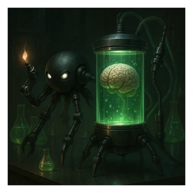 Lighten the genetics lab scene, add glowing scientific equipment and a brain floating in glowing green liquid. Make the scene more realistic with detailed lighting and reflections, emphasizing a realistic style with intricate light play and reflections. sticker