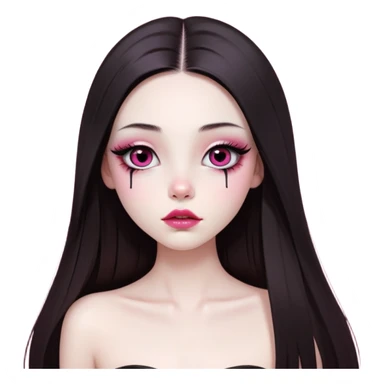 girl with white skin, dark brown long realistic straight hair with middle part prominently falling in front of her body over her shoulders, lips with reddish-pink shiny lip gloss and absolutely no cupid's bow, big round eyes with very black shiny eyeballs and long eyelashes, light pink blush on cheeks, no eyeshadow, lighter button nose, exceptionally elongated very long oval-shaped face, wearing a pink off-shoulder top, looking directly at camera with hands down at sides sticker