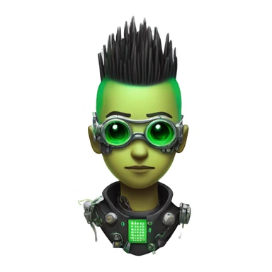 Mohawk hair with neon green highlights Asian male cyborg head with neon silver steampunk goggles and circuits sticker