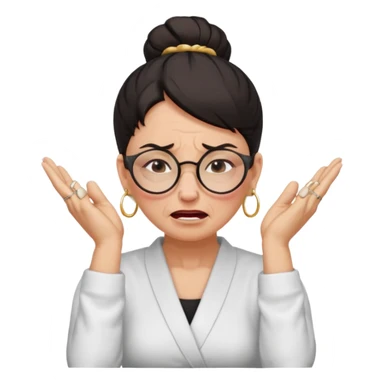  middle aged woman with dark hair pulled up in a high bun, wearing round ring earrings and glasses, expression extreme pain on her face, covering her ears with her hands very painful expression on her face, eyes squeezed shut, wincing in pain covering her ears with her hands sticker