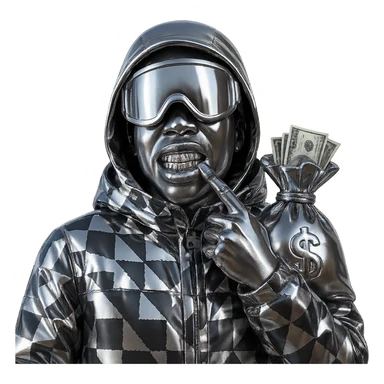 Create a character inspired by the person in the reference image with brown skin and similar facial features and style. Dress the character in a chrome patterned jacket with a hood. The character is holding a chrome brown money bag with realistic US dollar bills coming out. The character has a confident expression and visible grills on their teeth. The background is transparent. sticker