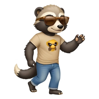 friendly anthropomorphised honey badger in jeans and a t-shirt, wearing sunglasses, walking upright, relaxed pose sticker