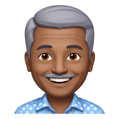 50 yr old indian man, dark skin, grey hair, big smile, white teeth, chubby, no moustache, clean shaven, young style hair, hair brushed back, 5 oclock shadow, bindy dot on forehead, dress shirt sticker