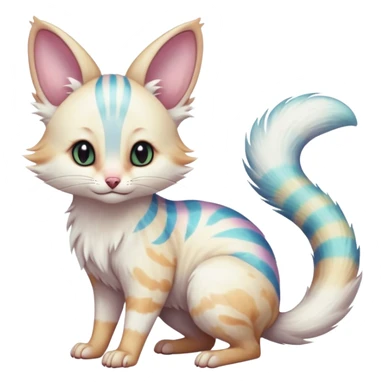  cute adorable whitish albino fur with random colorful iridescence-gradients markings beautiful elegant pretty precious cute  Fakémon-Pokémon-alien-opossum-feline-serval-caracal-chinchilla-Minccino-hybrid-creature with a big fluffy bushy striped tail (full body) sticker