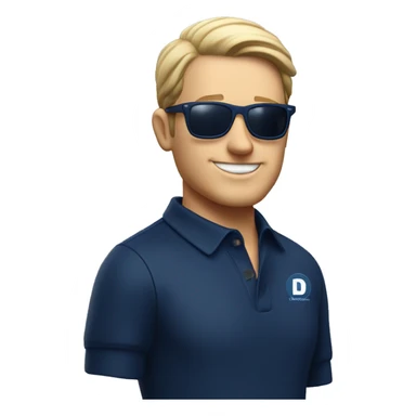 a short, handsome white man in sunglasses with a navy blue polo shirt and the D'COSTURA logo sticker