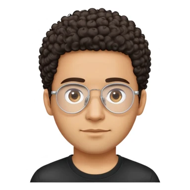 Light brown skinned Latino man with oval face, transparent aviator eyeglasses with thin metal frames, completely bald sides with extremely short dark curly hair only on crown, friendly neutral expression, casual black t-shirt sticker