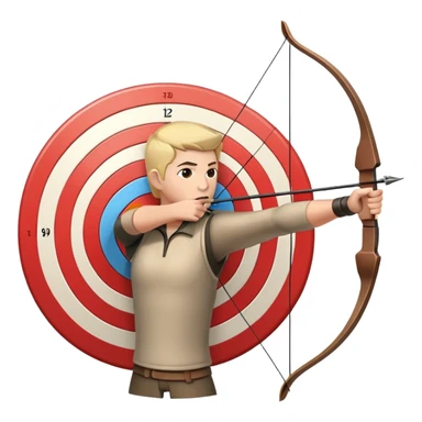 An archer pulling back a bowstring, aiming at a target in the distance. The target features concentric rings, and the scene conveys focus and precision. The background captures the essence of an outdoor archery range, highlighting skill and concentration in the sport. sticker