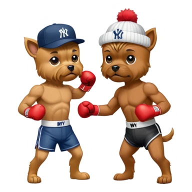 Yorkie with a NYY hat fighting a boxer dog with a NYM hat sticker