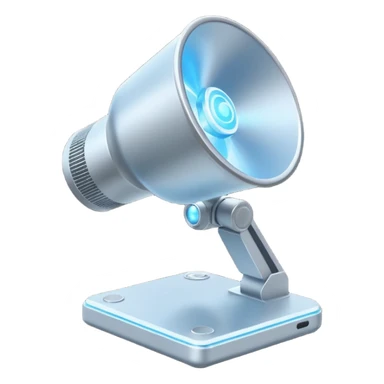 Flat emoji of a wrist-mounted hologram projector emitting a soft blue light cone, simple shapes, modern sci-fi style sticker