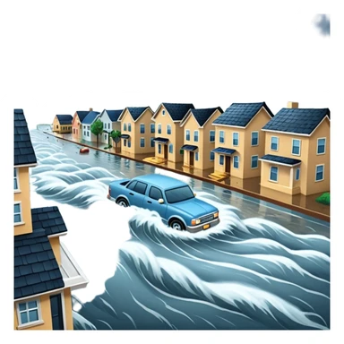 showing a flood disaster scene with strong water waves overflowing streets, partially submerged houses and cars, dark cloudy sky sticker