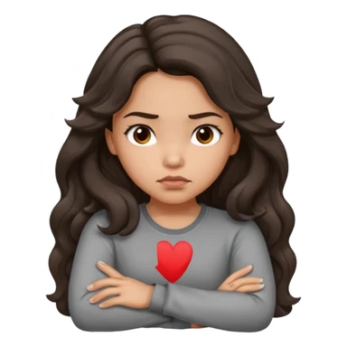 Hispanic girl with long dark brown wavy hair arms folded and  pouting. Gray long sleeve sticker