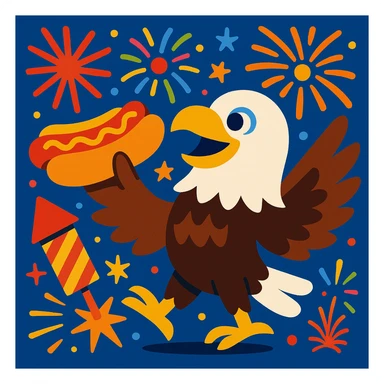 fun scene combining fireworks, hotdog, and eagle, vibrant and playful sticker
