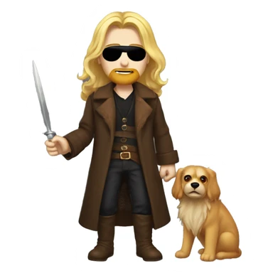 A young blonde man with long hair and long beard, left red eye and a black right eyepatch holding a golden awl and earing a brown animal coat sticker