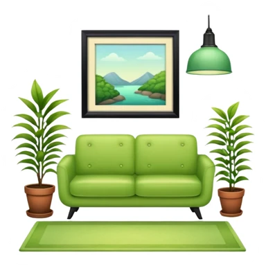 living room in ios emoji style

no TV, and make the couch a light green color

there is a lamp on one side and one plant on the other side. and no picture frame

there is a light colored rug sticker