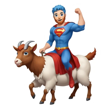Full body Adult Superman Blue Eyes Scruffy Redish hair and redish trimmed Beard Muscle happy riding a happy blue haired goat sticker
