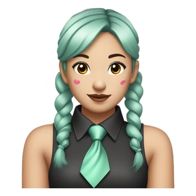 
An Asian girl with long mint colored pigtails wearing a sleeveless silver shirt, a mint colored tie, and a black flared arm sleeve with a red 01 tattoo on her left arm has a pink square with a black border running through each pigtail sticker