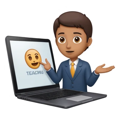 A dark-colored laptop with the screen open. From the screen, a person is emerging, giving a lecture or teaching. The person should look expressive and in a teaching pose. Soft shadows, semi-3D emoji style, clean background. sticker