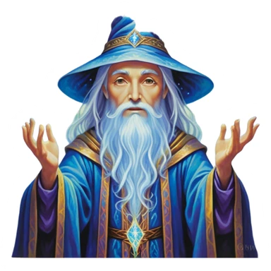 A luminescent enchanting Wizard stands beside an alter, his ethereal presence shimmering with otherworldly energy, each detail radiating with mystical power and ancient wisdom. The painting, a masterpiece of acrylic art, captures the Wizards hauntingly beautiful visage in exquisite detail. Swirls of cosmic colors dance around him, evoking a sense of celestial wonder, while intricate patterns of glowing runes adorn his intricate robe. The image is vivid and captivating, drawing viewers into a mesmerizing realm of fantasy and magic. sticker