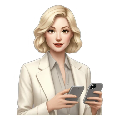 pale skin woman with ash blonde Straightened bob Hair, White Spacious classical jacket, beige palazzo Arrow pants and gray blouse holding white IPhone 14 pro in the hands sticker
