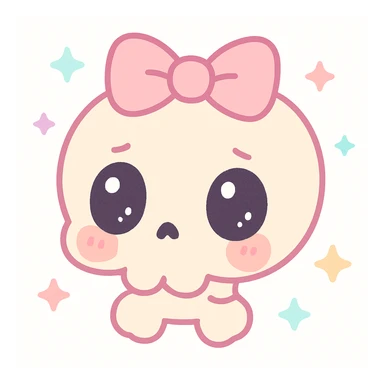 a shy skull with a pink bow, kawaii style, cute and sweet, pastel colors, big eyes, blushing cheeks sticker