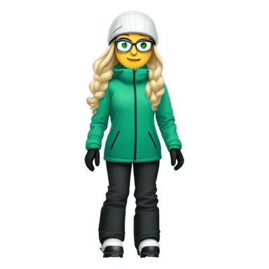 Green-eyed, fat female skier with long straight blonde hair, glasses, white ski helmet, gray snow jacket, green ski gloves, long black pants, black only snow boots standing tall. sticker