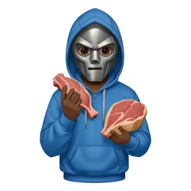 MF DOOM in a blue hoodie holding a piece of meat sticker