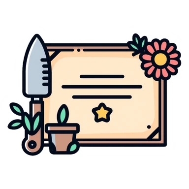 Certificate with gardening tools and plant award sticker