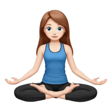 A girl with fair skin and a natural blush. Eyes are large, expressive, blue. Hair is long, straight, chestnut-colored. The smile is soft, friendly, in a black top and leggings in a different yoga pose sticker