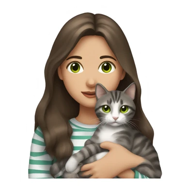 Brunette girl with green eyes, holding a gray, striped, brown-eyed cat in her arms sticker