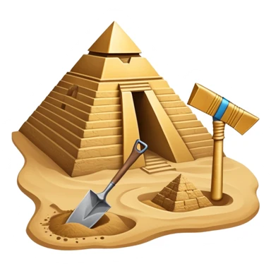 An icon showing archaeological tools like a trowel, brush, and pickaxe placed on sandy ground, with an Egyptian pyramid in the background. The design symbolizes excavation and discovery of ancient history, blending tools and iconic landmarks. Transparent background. sticker