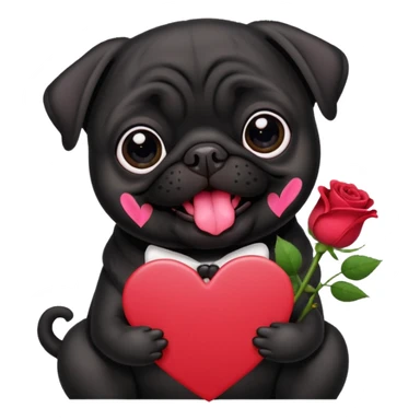 black pug holding valentine’s day card and flowers sticker