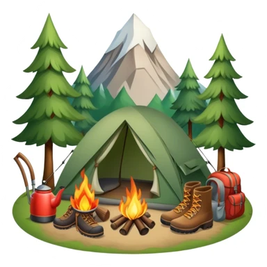 Icon for Hiking: a pair of hiking boots, a backpack, a walking stick, a tent, and a kettle over a campfire, surrounded by trees and a mountain trail. The icon should capture the adventure and warmth of camping. Transparent background. sticker