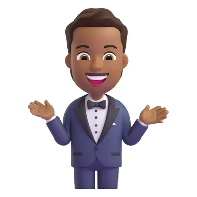 3D emoji of Chris Rock, laughing, short hair, brown skin, wearing a tuxedo, Microsoft 3D Fluent emojis style sticker