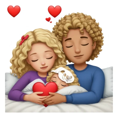 cuddling in bed, asleep. wavy haired blonde girl. man with curly,  dark brown hair. eyes closed. heart between them. no headboard sticker